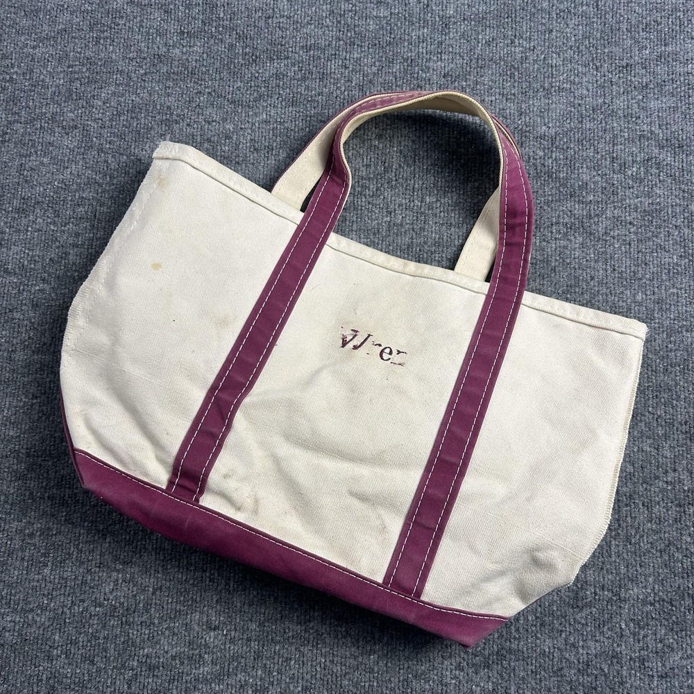 LL Bean Canvas Boat and Tote Bag Womens Medium Beige Purple Trim Monogram